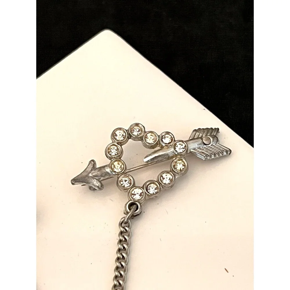Vintage 1950s Sweater Guard Double Brooch Heart Arrow Rhinestone Chain - 1F